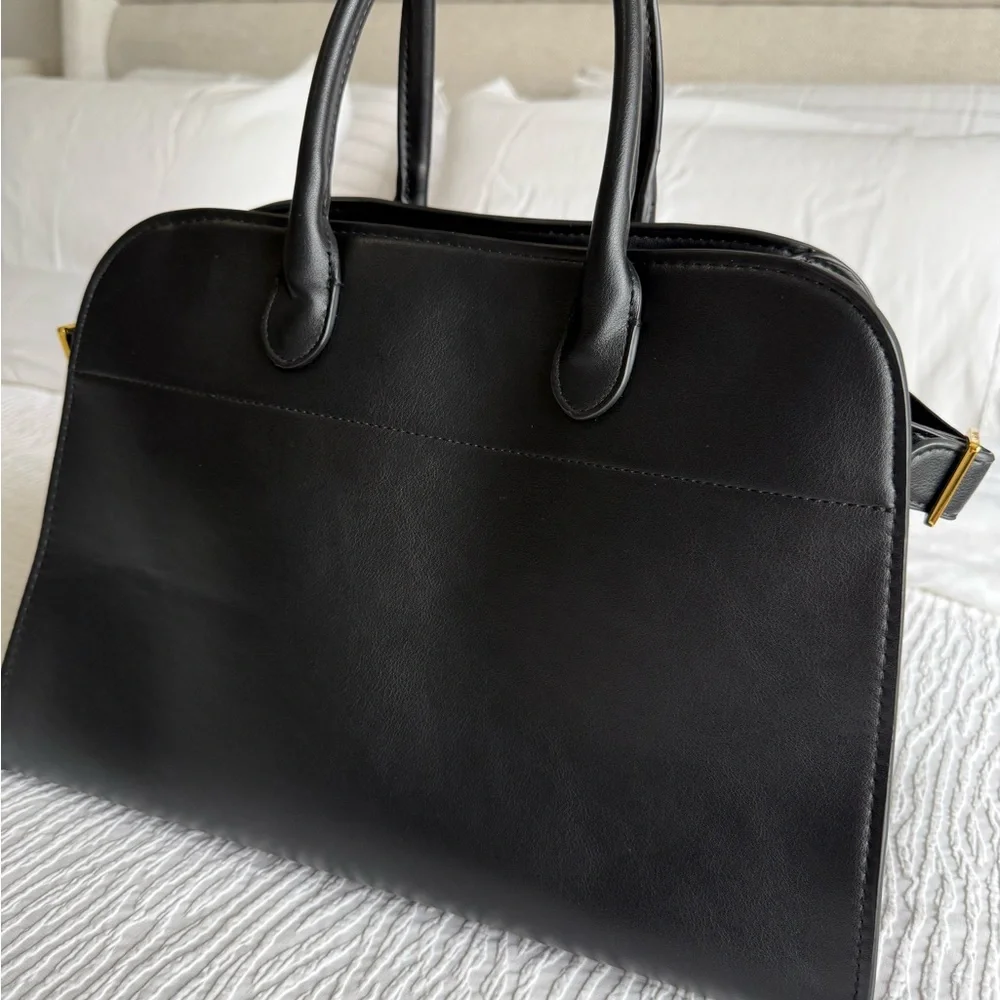 The Row Margaux Inspired Black Leather Drawstring Pouch with Gold Accents - Picture 10 of 14